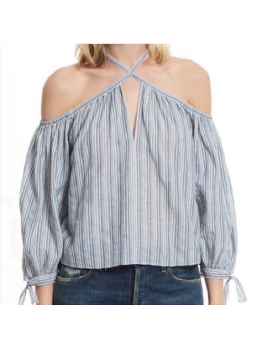 Rebecca Taylor Blue and White Striped Cold-Shoulder Halter Blouse